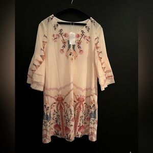 Boutique Style Peach Floral Midi Dress with Tiered Sleeves